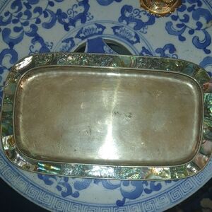 Taxco Silver Rectangular Serving Tray with Abalone Inlay